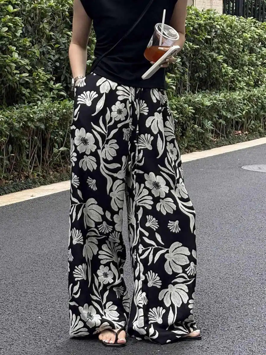 Wide-leg Pants for Women Summer Thin Printed New Style Drawstring Elastic Loose Straight Casual