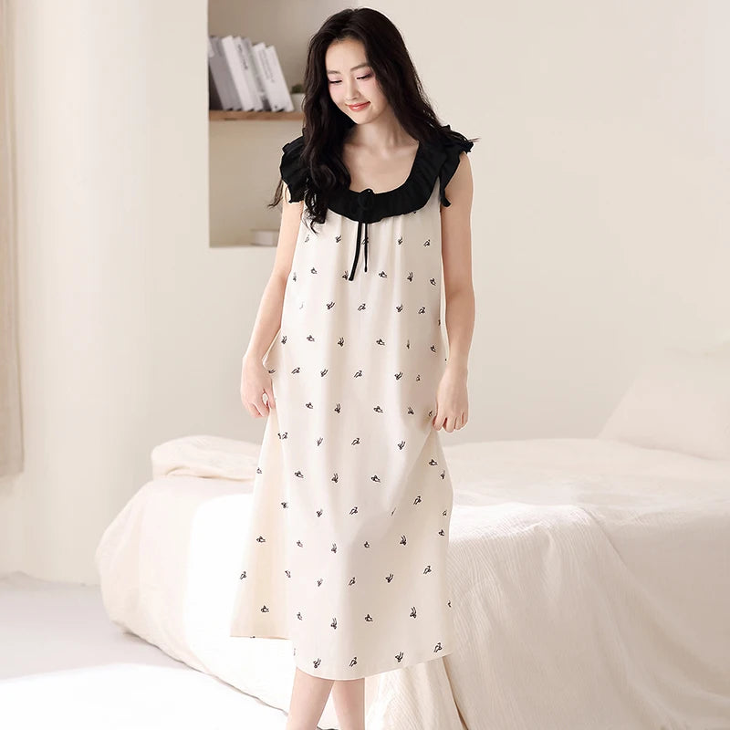 Newest Women Nightdress Female 100% Cotton Nightwear Floral Short Sleeve Sleepdress With Chest Pad