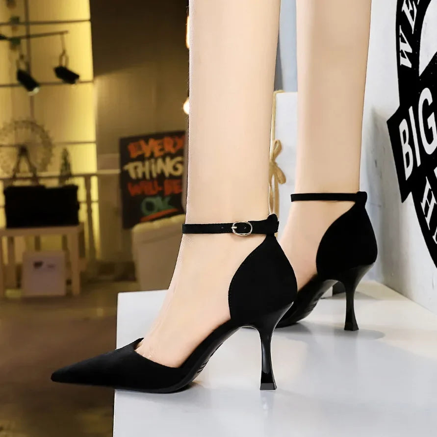 Concise Ankle Strap Mid Heels