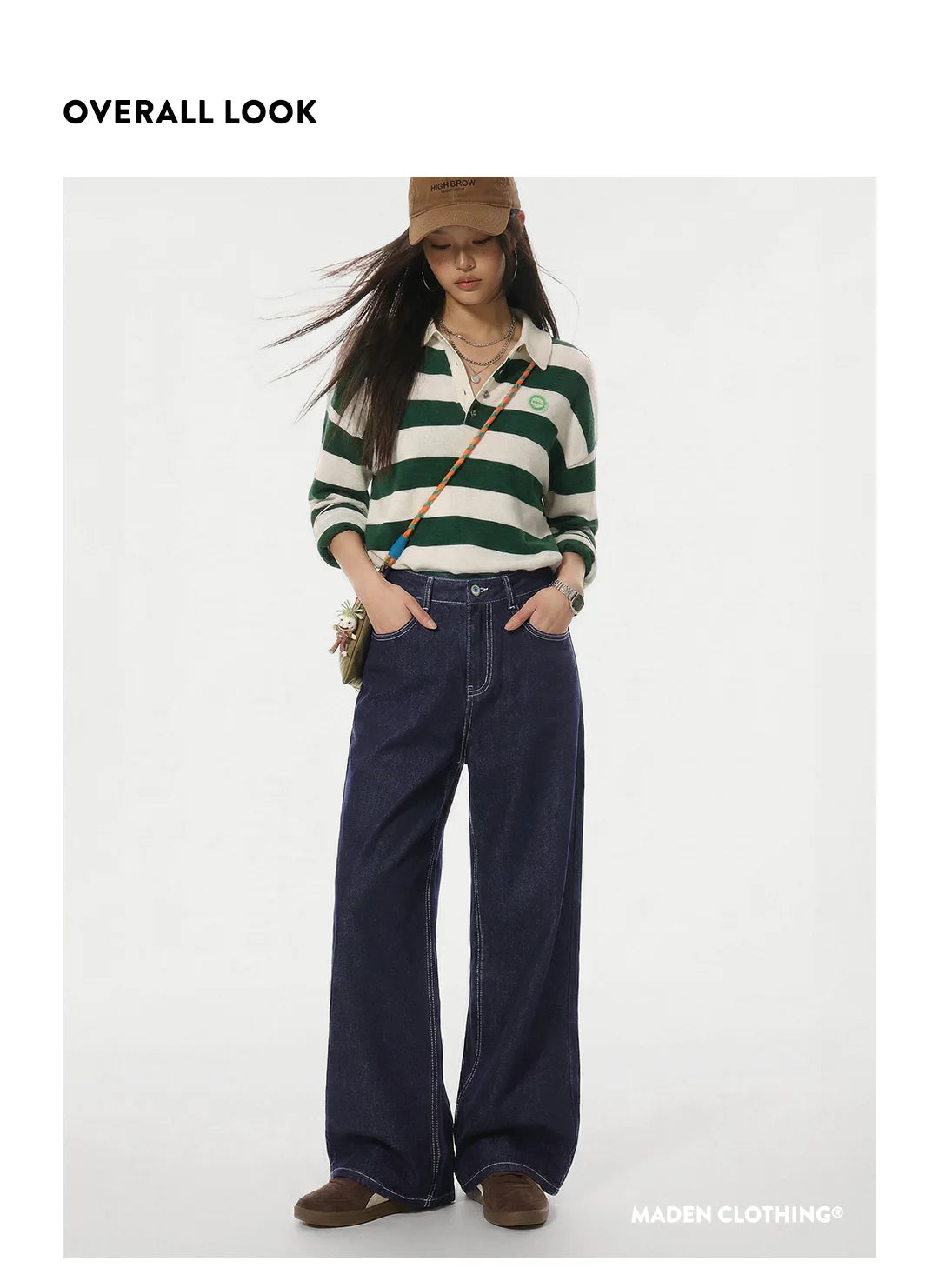 Maden Women's Vintage 12.4oz Washed Denim Jeans Straight Wide-Leg Casual Loose Fit Blue Trousers For Spring and Fall Streetwear