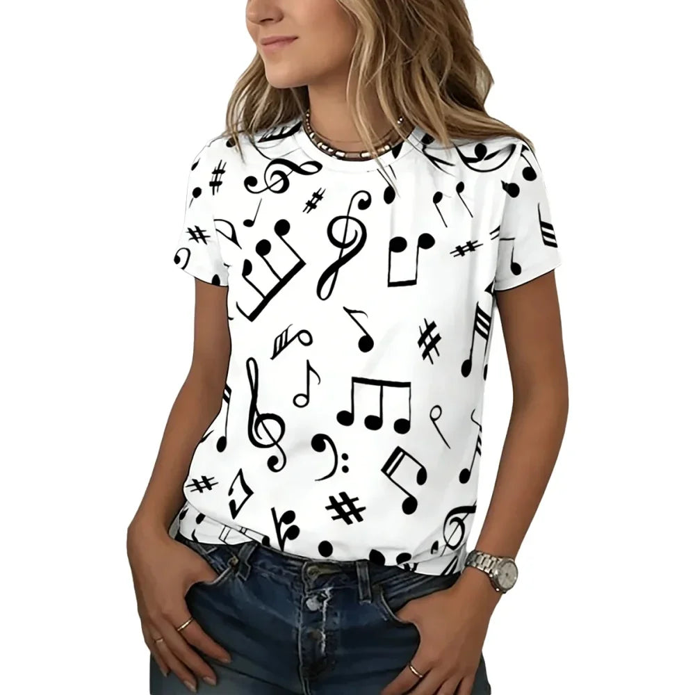Women T-Shirt  Music Note Print Short Sleeve Crew Neck Casual Loose Fit Casual Top Spring Summer Daily Streetwear Versatile Top