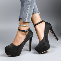Women's High Heels 2025 New Style Semi-Uppered Thin Heel Waterproof Platform Buckle Fashion Shoes Large Size Strap Shoes