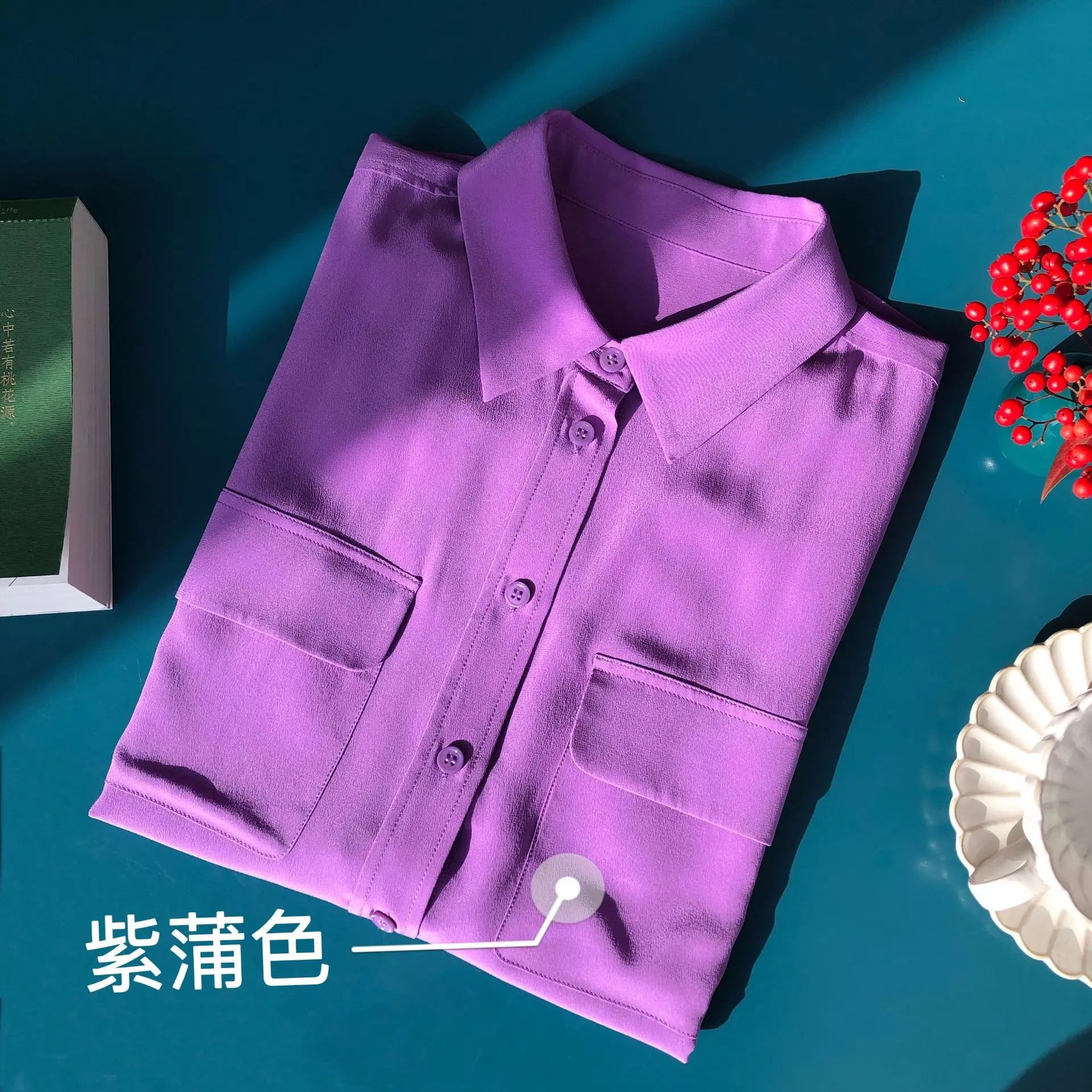 Women Real Silk Shirts Classic Double Pockets Solid Color Casual Fashion Long Sleeve Thin Shirt Blouses Tees