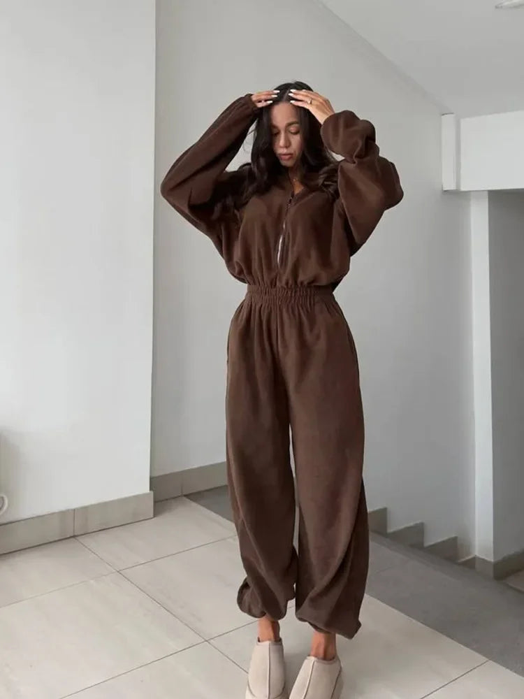 Jumpsuit Women 2026 New Fashionable Long Sleeved Jumpsuit for Women's Casual Half Open Collar Elastic Waist Jumpsuit