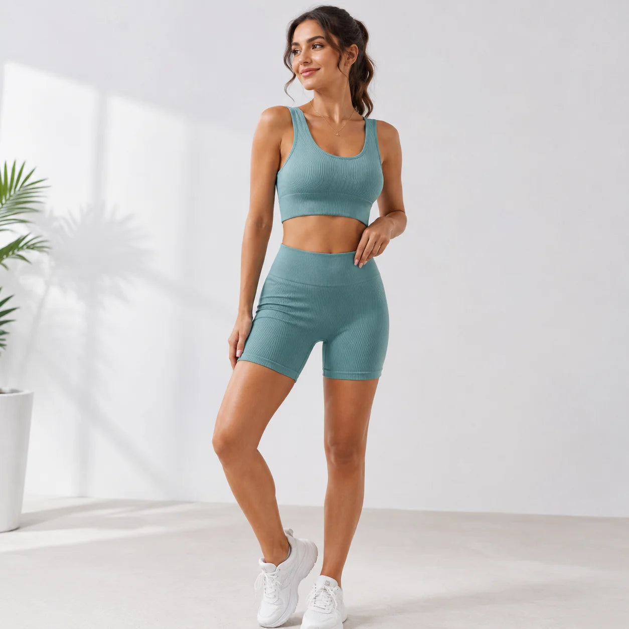 Seamless Ribbed Yoga Set 2 Piece Workout Outfit, Crop Tank Top & High Waist Biker Shorts Gym Suit for Fitness, Running, Pilates