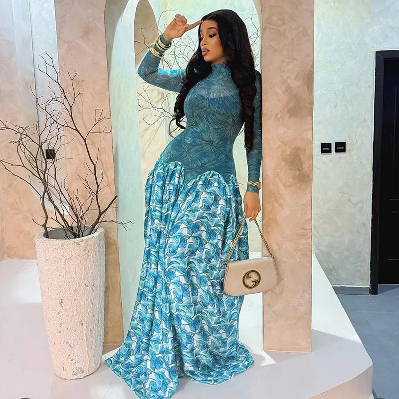 Floral Turtleneck A-Line Maxi Dress