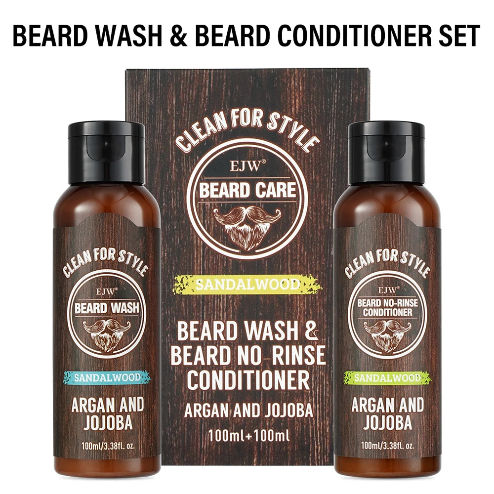 EJW Beard Care Set, Sandalwood Beard Shampoo and Beard no-rinse conditioner- Softens & Strengthens Beard, with Argan and Jojoba.