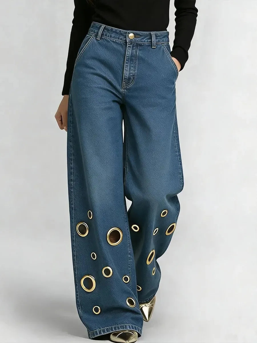 Women's High Waist Wide Leg Jeans with Gold Eyelets Vintage Baggy Denim Pants, Y2K Streetwear Hollow Out Trousers Ladies Jeans