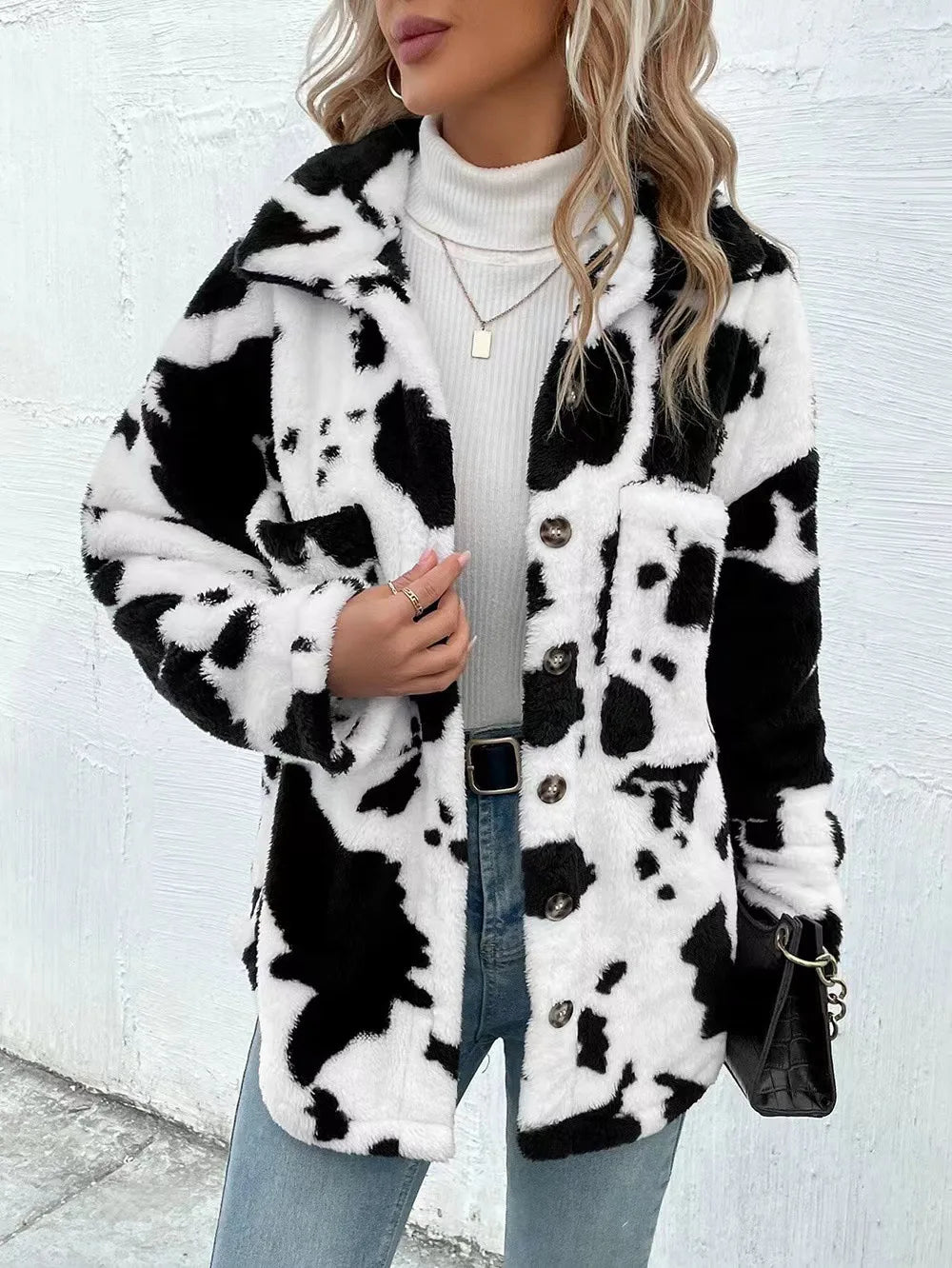 Women's Cow Print Double-sided Cashmere Coat Autumn Winter Loose Coats With Pockets Single Breasted Lapel Collar Plush Jacket