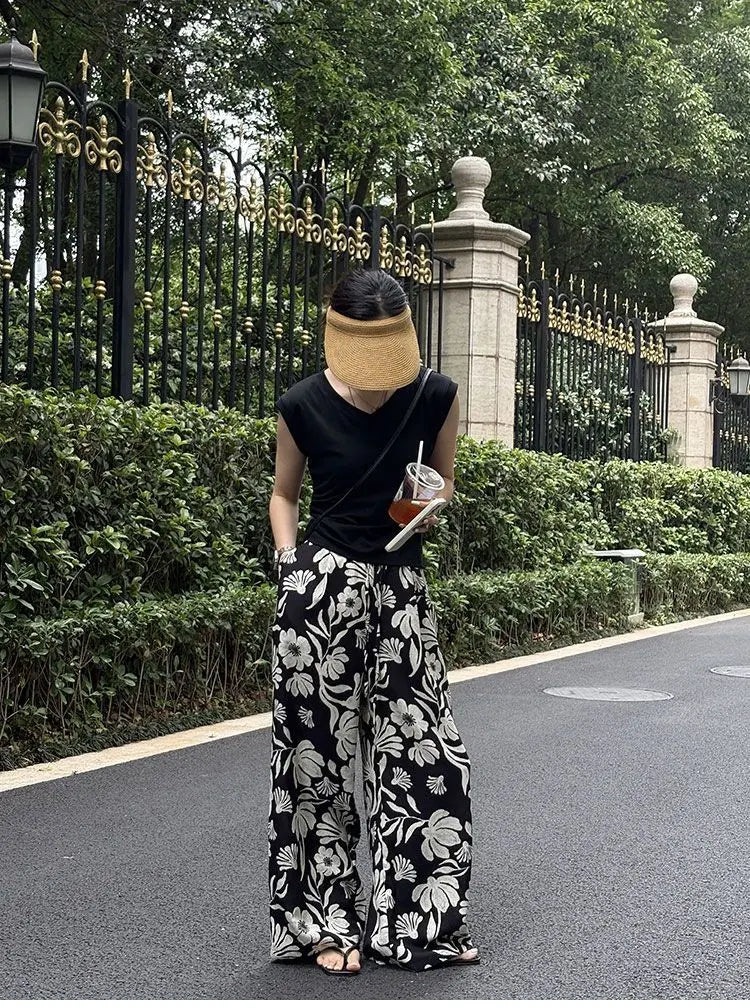 Wide-leg Pants for Women Summer Thin Printed New Style Drawstring Elastic Loose Straight Casual