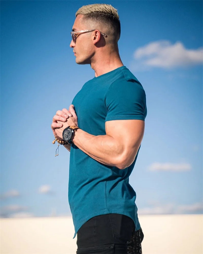 Muscle Training T-shirt Men's Summer Workout Short Sleeve T-shirt High Quality Cotton Fitness Men T-shirt Gym Solid Color Tops
