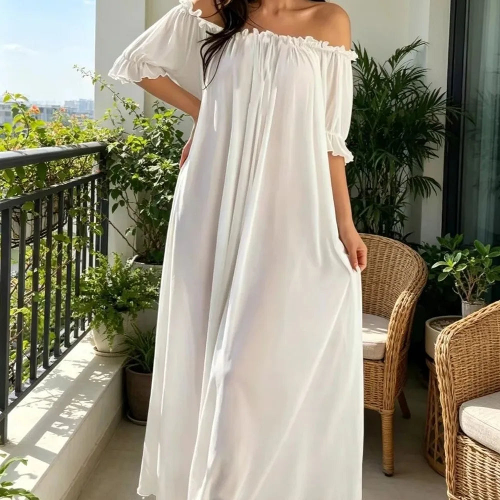 Home Dress Off Shoulder Sheer Nightgown V-neck Ruffle Mesh Nightdress Transparent Short Sleeve Long Sleeping Dress Sleep