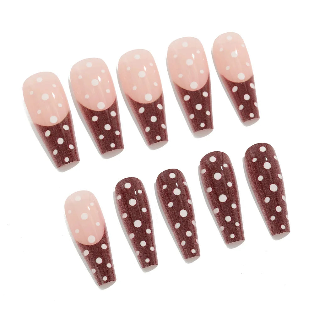 Medium long fake nails for women girls pink white black red blue brown polka dots design almond ballet tips press on false nail