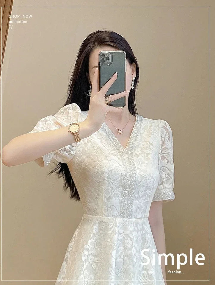 Elegant White Lace Puff Dress
