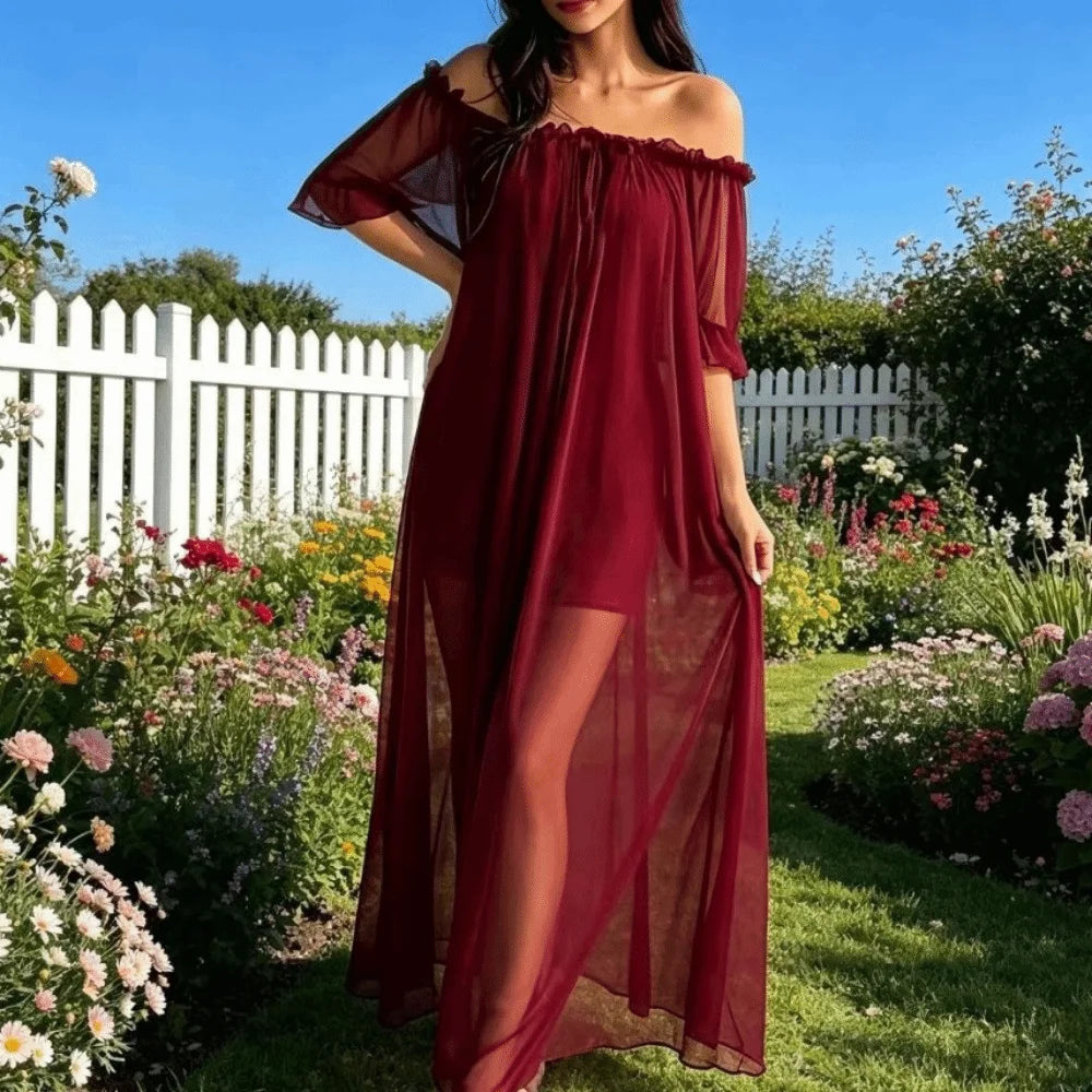Home Dress Off Shoulder Sheer Nightgown V-neck Ruffle Mesh Nightdress Transparent Short Sleeve Long Sleeping Dress Sleep