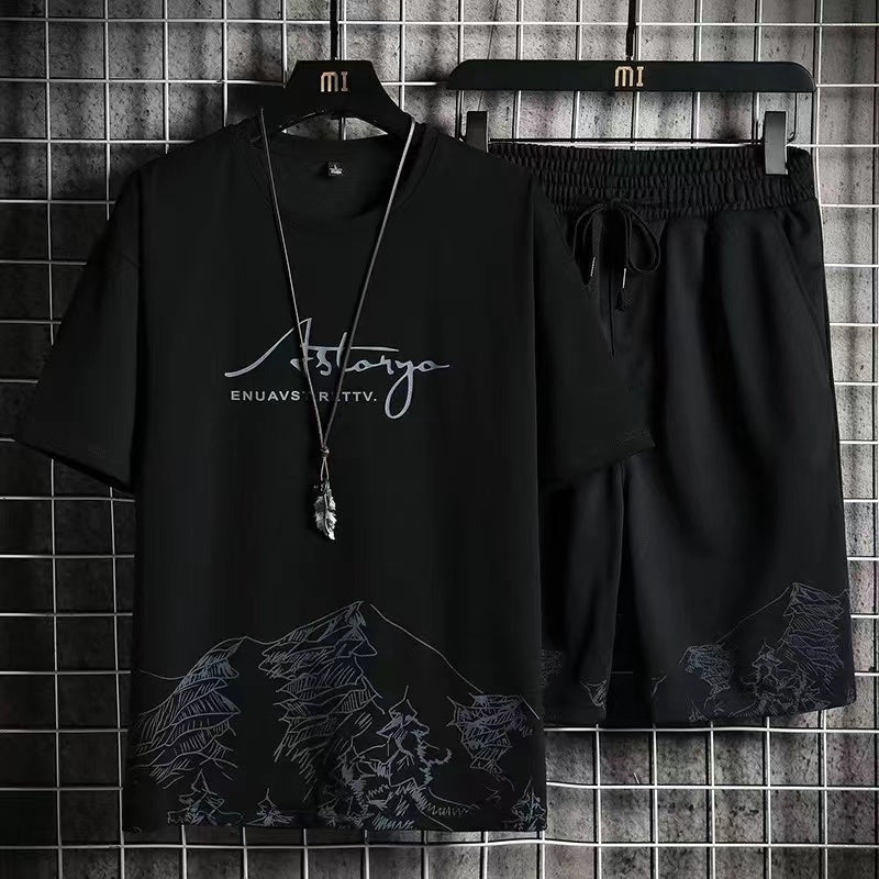 2023 Summer Men's Tracksuit 2 Piece Set Fashion Casual Solid Short-Sleeved T-Shirt and Shorts Sport Suit Breathable Man Clothing