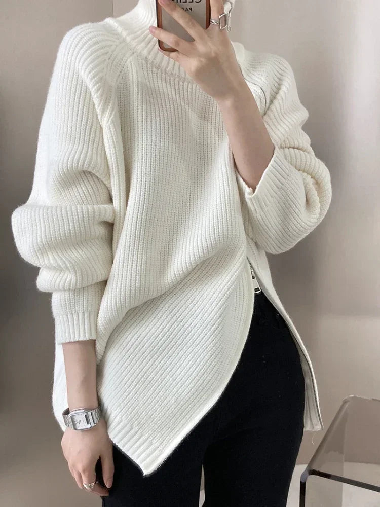 Oversized Zip Turtleneck Knit Sweater