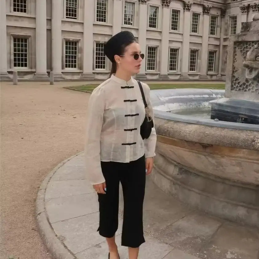 Women Trendy Sexy Striped Shirts Summer Female Chic Rope Buttons Sheer Shirts Lady High Street Elegant Long Sleeve Blouse Tops