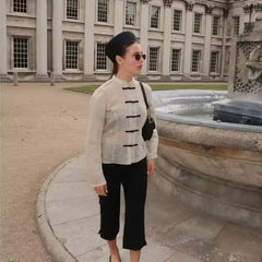 Women Trendy Sexy Striped Shirts Summer Female Chic Rope Buttons Sheer Shirts Lady High Street Elegant Long Sleeve Blouse Tops