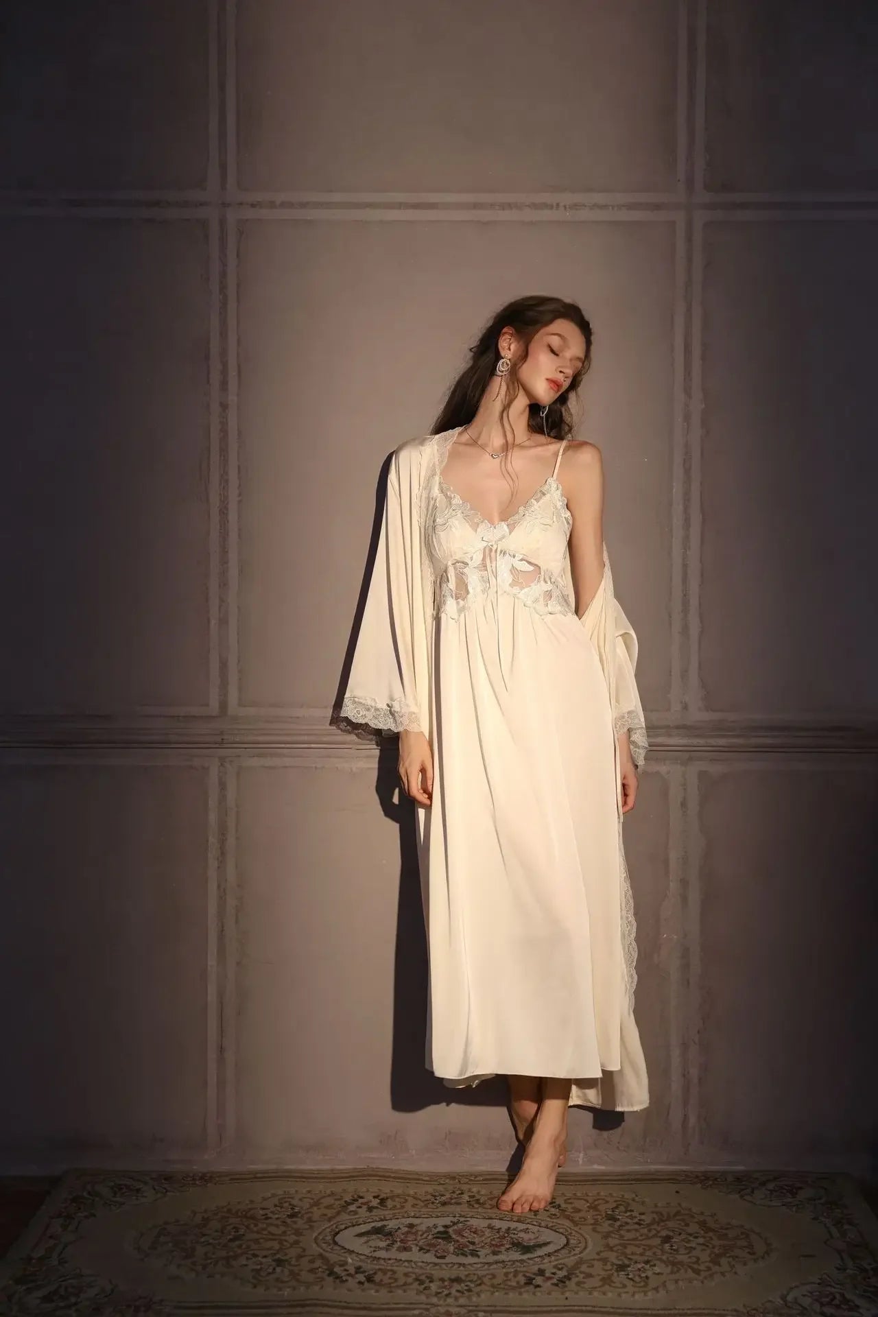 Elegant Female Long Robe Set Nightgown Silky Ice Silk Sleepwear Homewear SEXY Hollow Out Lace Nightdress Lingerie Loungewear