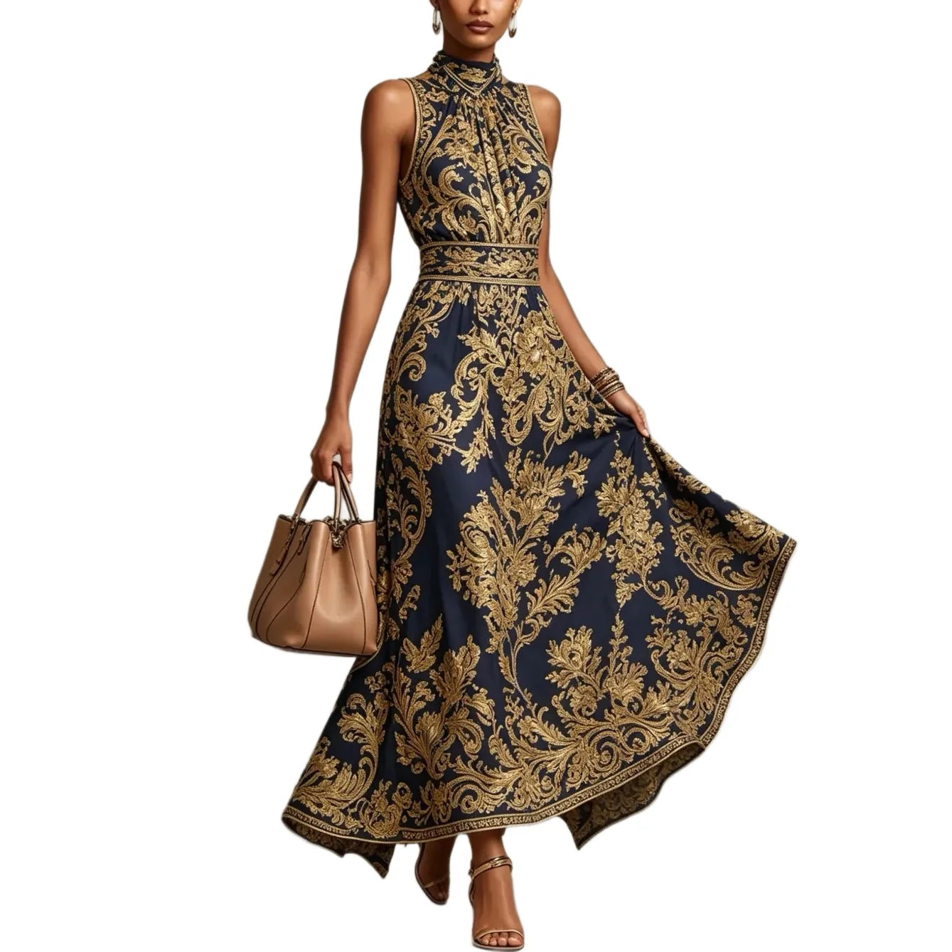 Elegant Party Evening 2026 Summer Long Dresses New Vintage Classic Pattern Flower Printed Lapel A-Line Dresses For Women