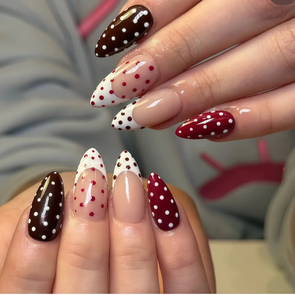 Medium long fake nails for women girls pink white black red blue brown polka dots design almond ballet tips press on false nail