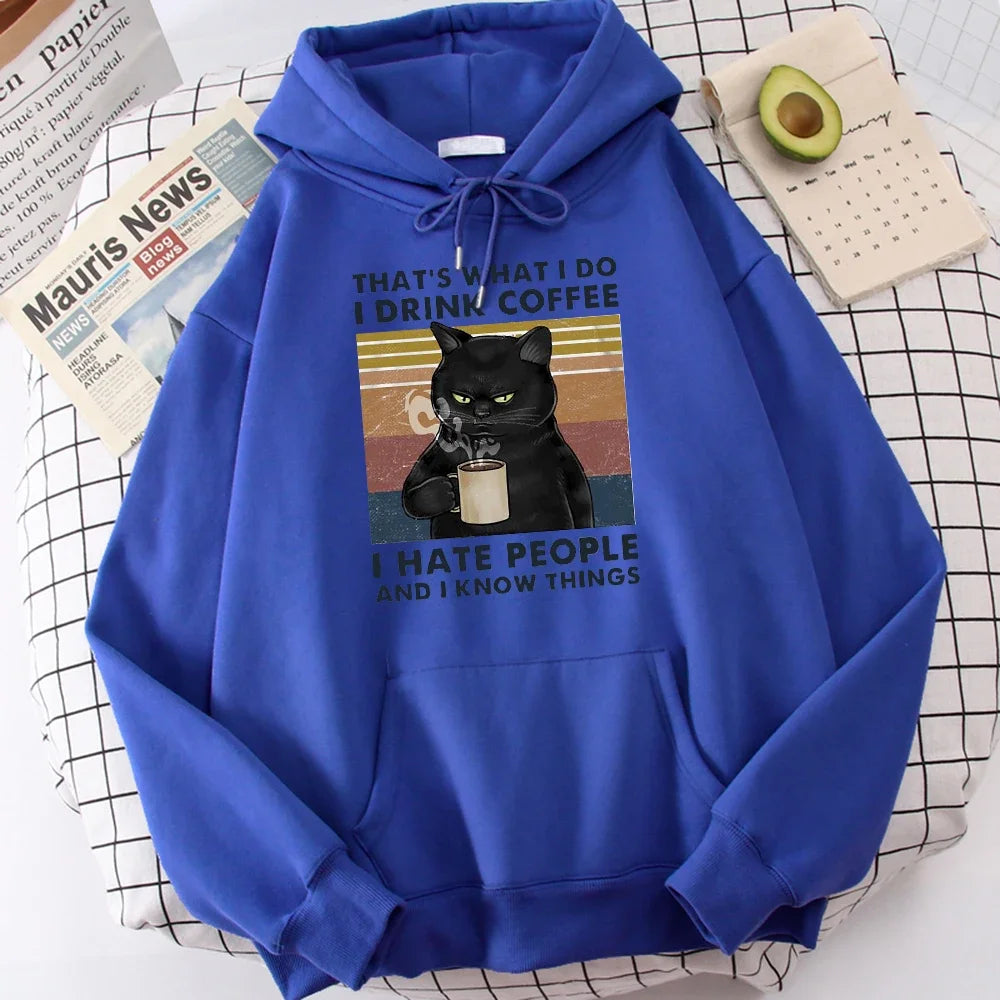 Men's fashion hoodie, high-quality cat drinking coffee print hoodie, fashionable casual hoodie, Harajuku hoodie