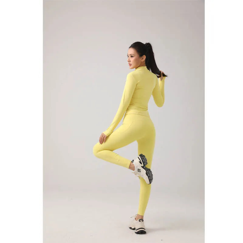 Women's Fitness Set Stand-Up Collar Long-Sleeve Yoga Top High-Waisted Leggings Running & Fitness Set