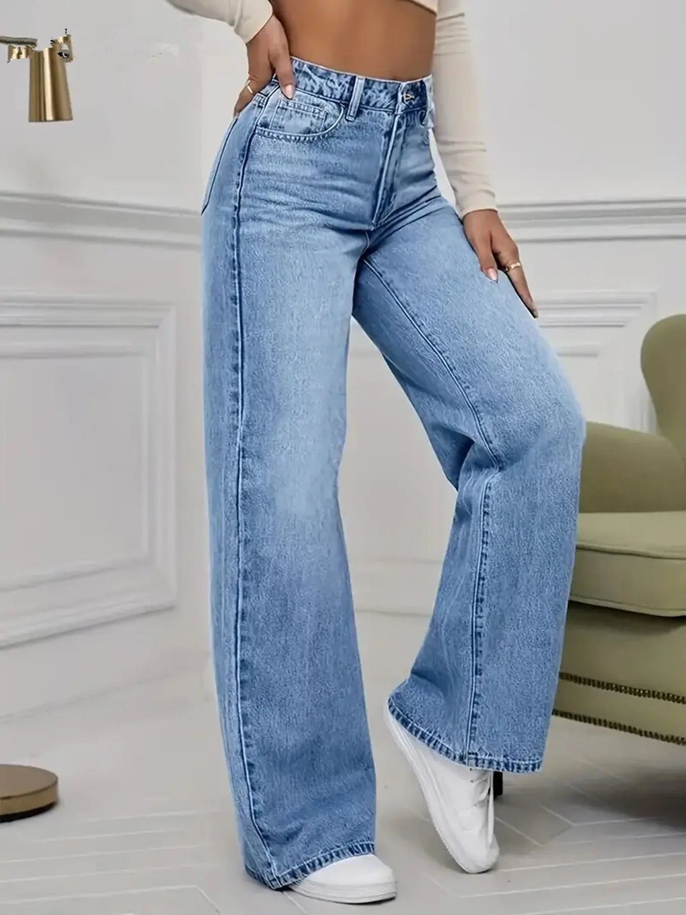 Spring and Autumn New Sky Blue Jeans for Women, Water Washed, Loose, Casual, Wide Legs, Comfortable, Vintage Pants