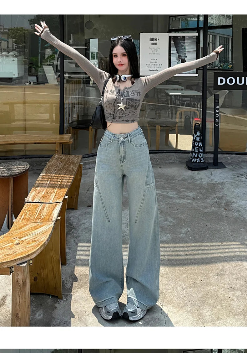 High Waisted Wide Leg Jeans Women Cotton Retro Denim Y2k Loose Fashion Design Sense Pant Streetwear Baggy Straight Trouser Woman