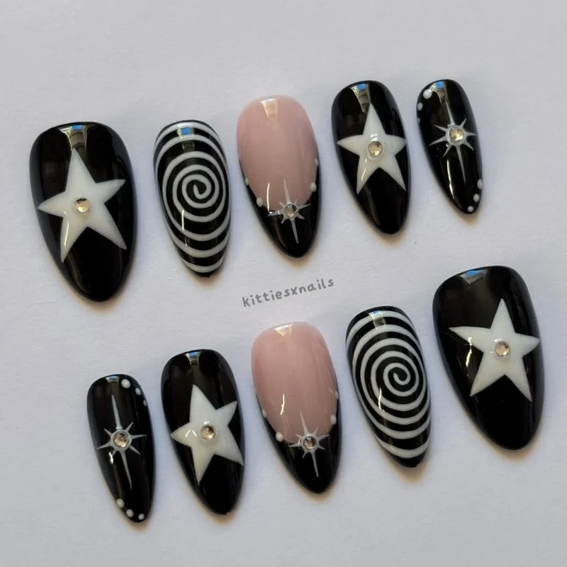10 Pieces of Hand-Pressed Almond-Shaped Nails, Beautiful False Nails, Featuring Black Swirl Punk Stars, Suitable for Women