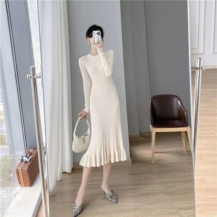 Elegant Knit Flounce Midi Dress