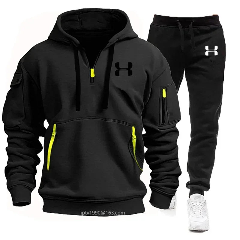 New Long Sleeve Hoodie with Zipper and Multiple Pockets for Men's Autumn and Winter + Sports and Leisure Pants Two-Piece Fitness