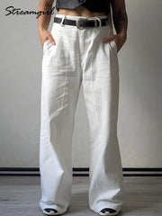Summer White Pants For Women Cotton Formal High Waist Wide Leg Trousers Ladies Elegant Summer Women's Pants Straight Leg Office