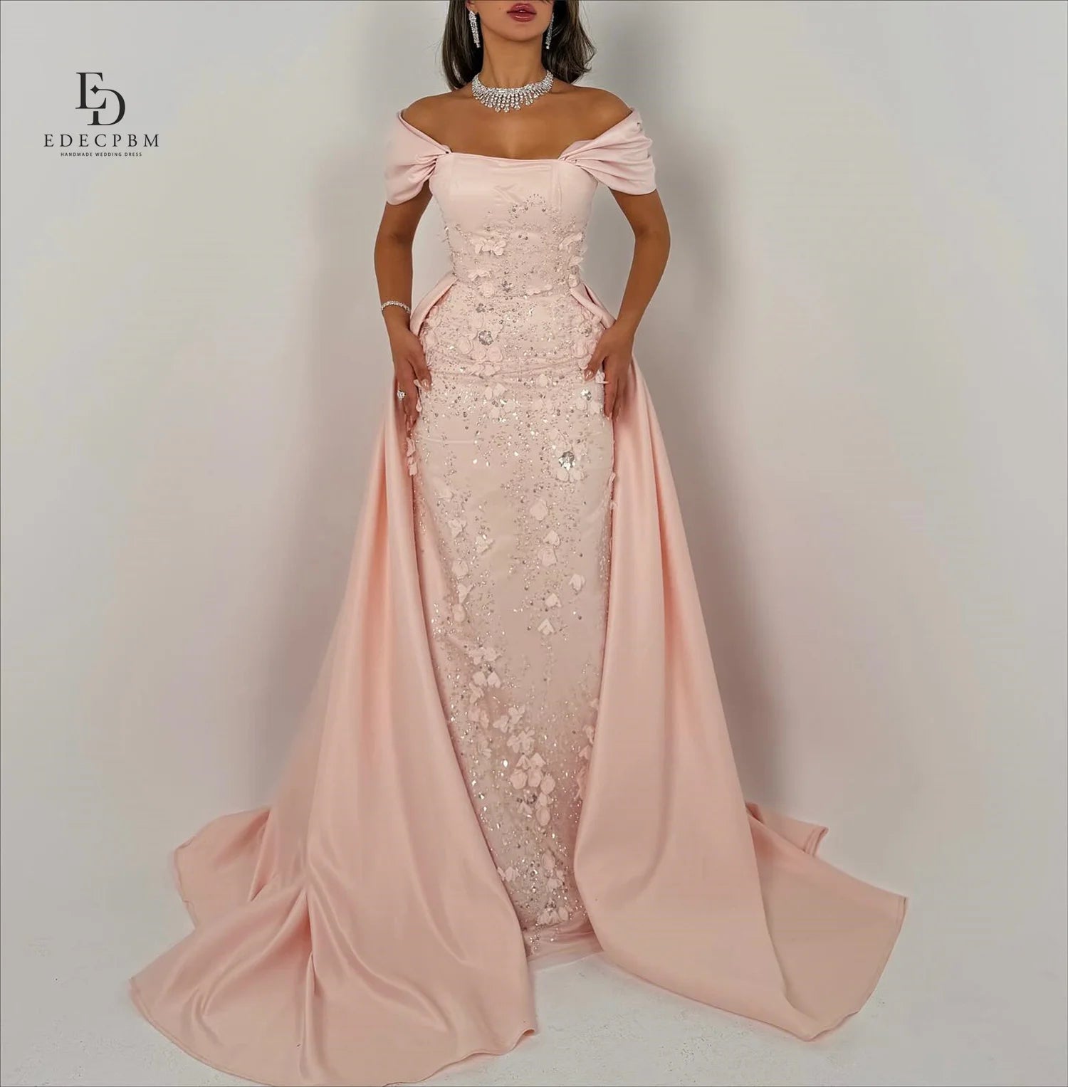 EDECPBM Elegant Party Dresses 2025 Off the Shoulders Customized Women Evening Dress 3D Flowers Pink Wedding Dresses for Parties