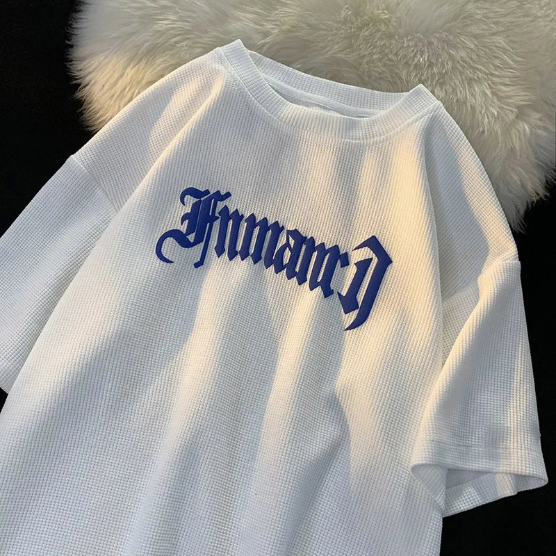 Printed Streetwear Tracksuit Men Summer Waffle Sets Casual Trendy Sportswear Short Sleeve T-Shirt Sports Breathable Shorts