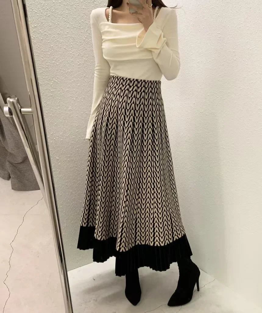 Retro Knitted Pleated Midi Skirt