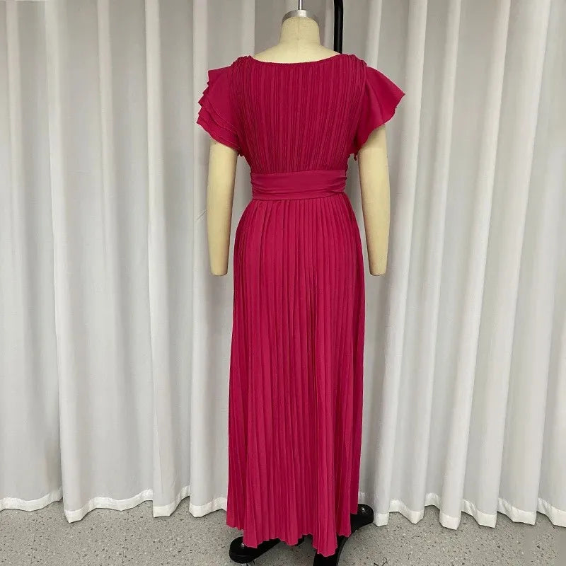 Wedding Guest Dress Elegant Party Long A Line Cap Sleeve Dresses Evening Pleated Off Shoulder Maxi Dress Fuchsia Pink Solid