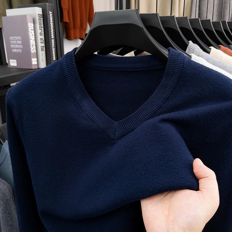 New Sweatwear Men's V Neck Basic Solid Color Sweaters Round Neck Elastic Pullovers Warm Autumn Knitted Oversized Sweater Men