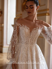 Wedding Dress Vestidos De Novia Customized Sheer Long Sleeves Sparkling Beading Applique Sweep Train Bridal Gown for Bride