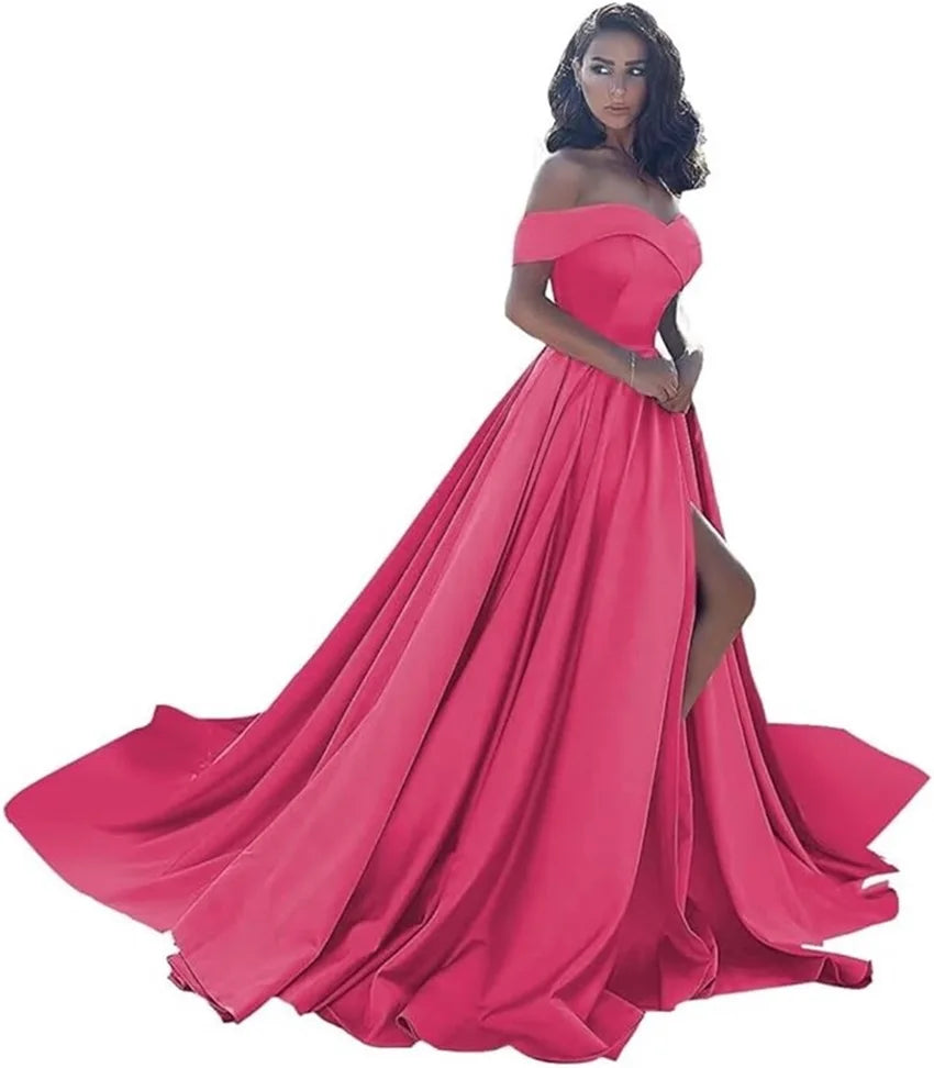 Simple Off Shoulder Satin Evening Gown
