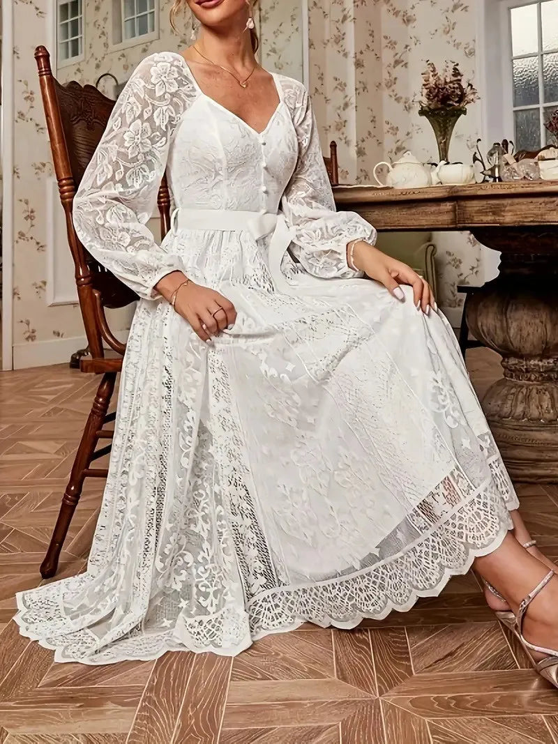 Elegant Party Dress For Woman Evening Prom Dresses Lace Long Gown V Neck Maxi Dress White Pink Floral Lace A Line Balloon Sleeve