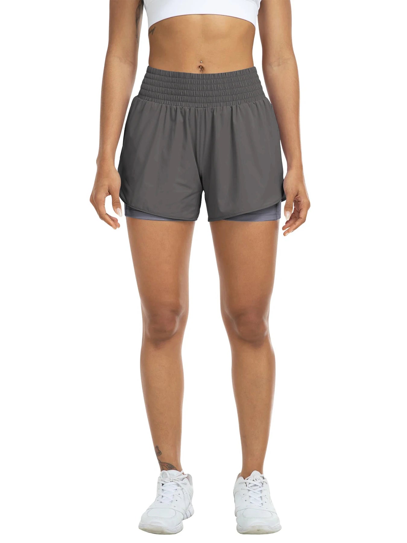 Women's high-waisted athletic shorts for running, yoga, layered design, anti-exposure, fitness, and workout with pockets