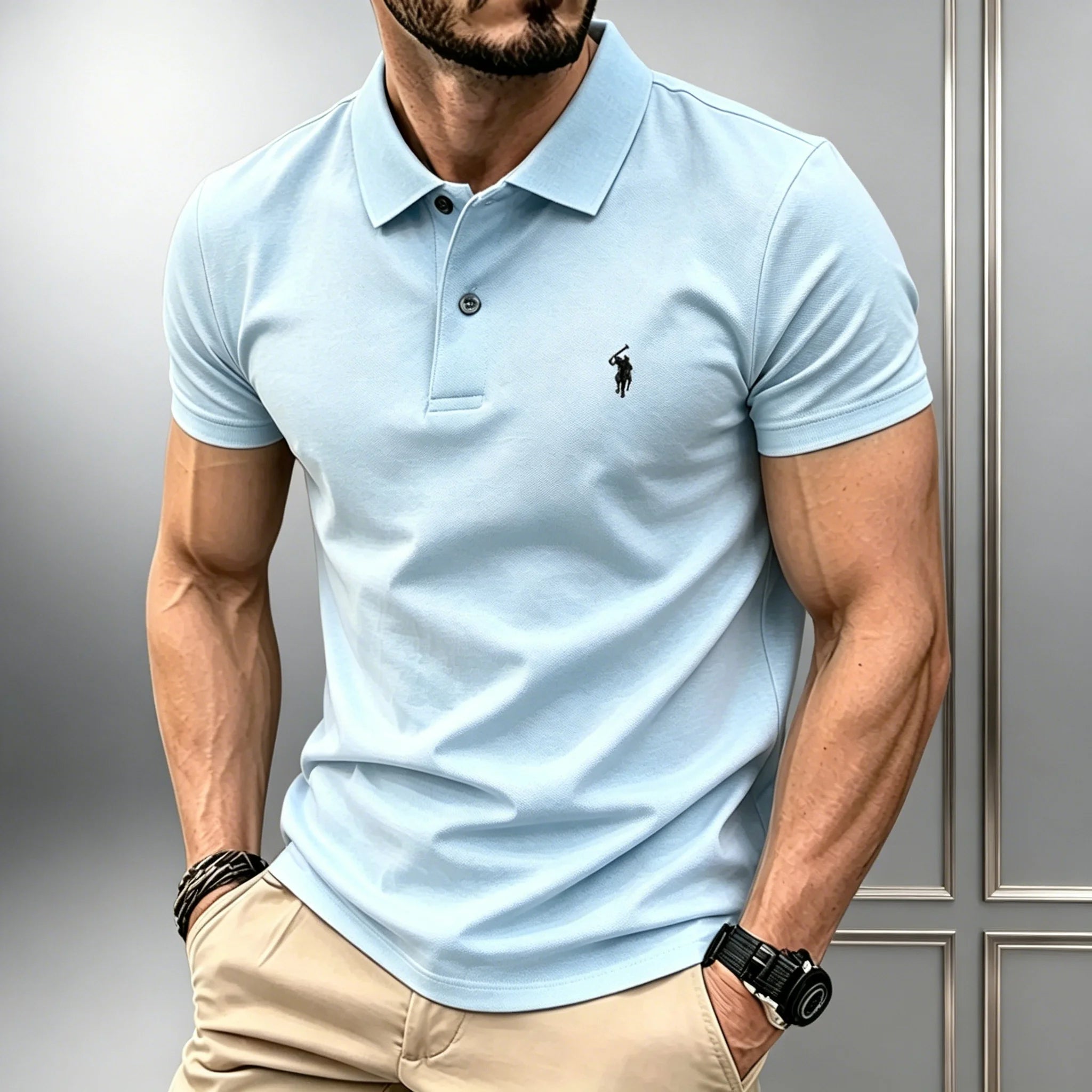 Men Solid Color Polo Shirt Regular Fit Business Casual Short Sleeve Tops With Small Horse Embroidery Chest Print