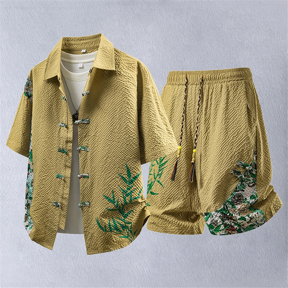 Summer Tracksuits Men Traditional Chinese Style Suit Shirt Shorts Tang Suit Male Fashion Casual Summer Sets
