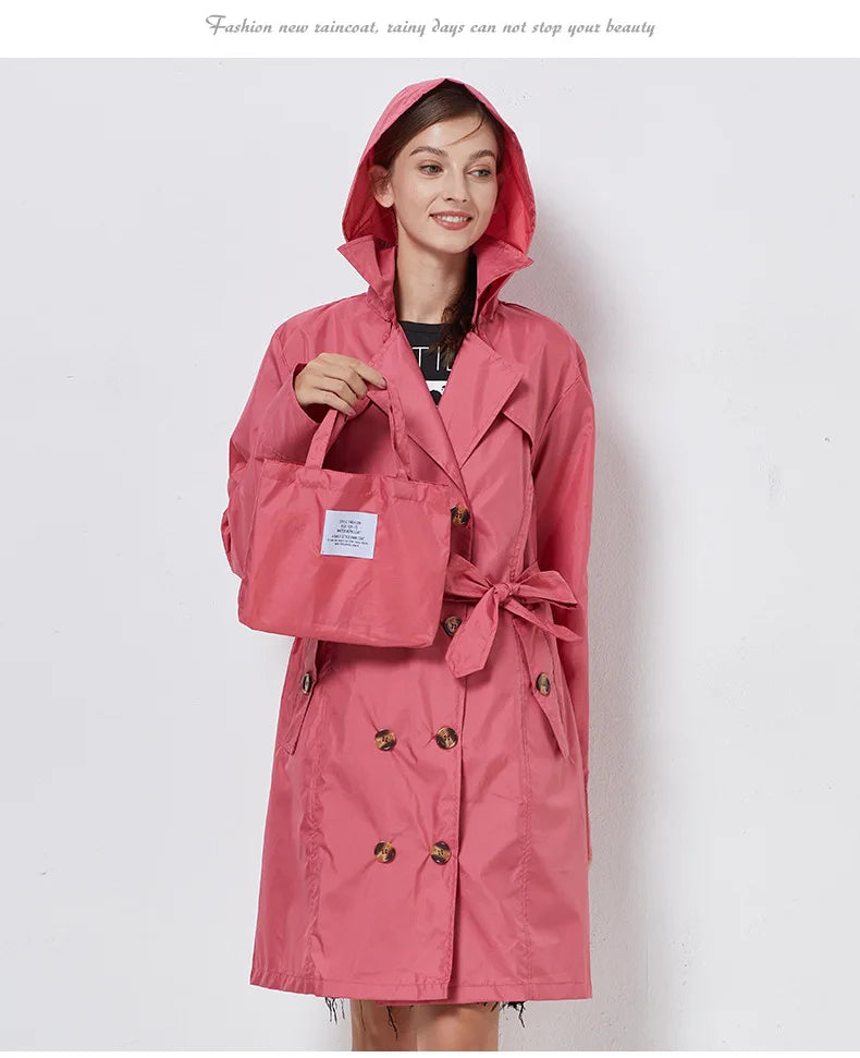 Fashion Women Thin Raincoat Poncho Ladies Waterproof Long Slim Raincoats Adults Outdoor Hiking  Windproof Rain Coat With Belt