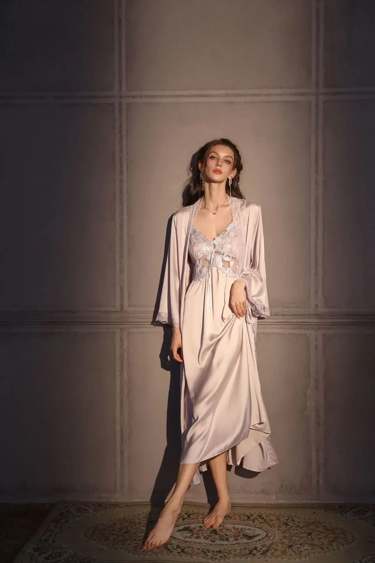 Elegant Female Long Robe Set Nightgown Silky Ice Silk Sleepwear Homewear SEXY Hollow Out Lace Nightdress Lingerie Loungewear