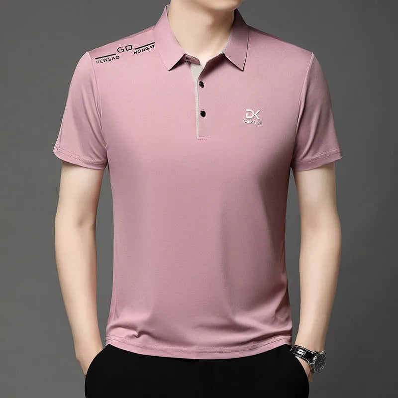 Men's Business Casual Short Sleeve Polo Shirt Solid Color with Badge Fashionable Breathable Comfortable Versatile Business Top