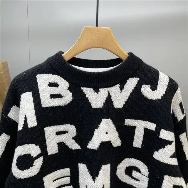 Sweater Men's Clothing Winter Full-print Letter Jacquard Loose Thickened Design Round Neck Top Trendy American Style Sweater