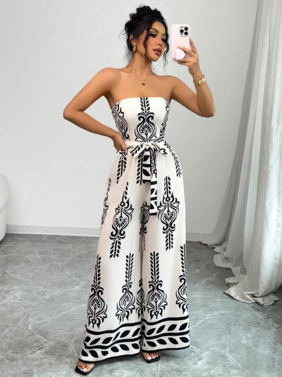 Printed Wide Leg Lace-Up Jumpsuit